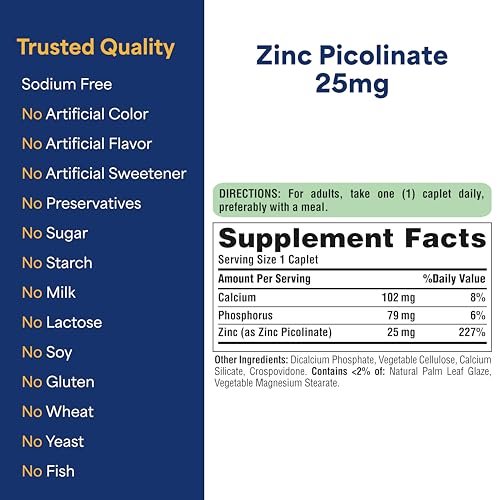 Puritan's Pride Zinc Picolinate Zinc 25mg with Calcium and Phosphorus, Vegetarian Dietary Supplement for Immune System, Energy Metabolism, Cell Division and Growth Support, 100 Caplets - görsel 3