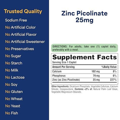 Puritan's Pride Zinc Picolinate Zinc 25mg with Calcium and Phosphorus, Vegetarian Dietary Supplement for Immune System, Energy Metabolism, Cell Division and Growth Support, 100 Caplets