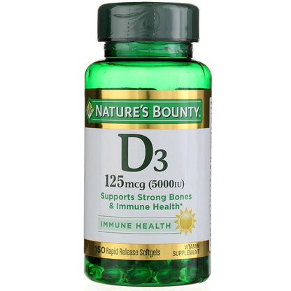 Nature's Bounty Vitamin D 5000 IU Softgels, 100 Count – Immune & Bone Health Support