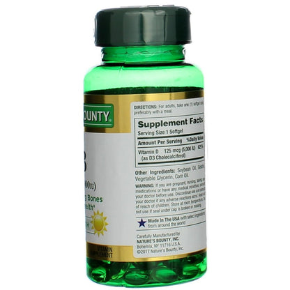 Nature's Bounty Vitamin D 5000 IU Softgels, 100 Count – Immune & Bone Health Support