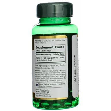 Nature's Bounty Vitamin D 5000 IU Softgels, 100 Count – Immune & Bone Health Support