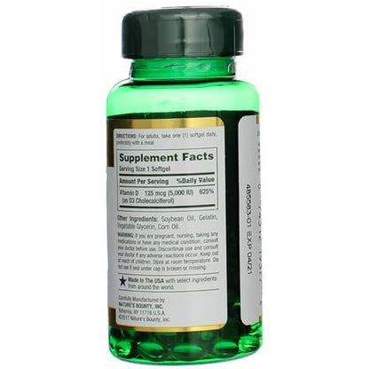 Nature's Bounty Vitamin D 5000 IU Softgels, 100 Count – Immune & Bone Health Support