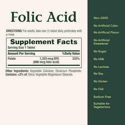 Nature's Bounty Folic Acid Supplement, Supports Cardiovascular Health, 800mcg, 250 Tablets