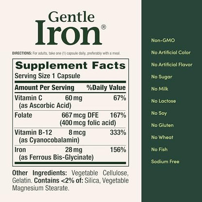 Nature’s Bounty Gentle Iron 28 mg Capsules with Vitamin C, Folic Acid, Vitamin B-12 Iron Supplement, Non-GMO, Gluten-Free, 90 Count