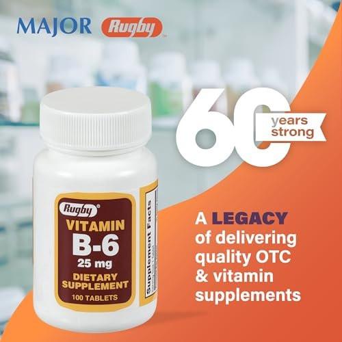 Rugby Vitamin B-6 Tablets - 25mg of Vitamin B6 - Dietary Supplement - 100 Count (1 Pack) - görsel 1