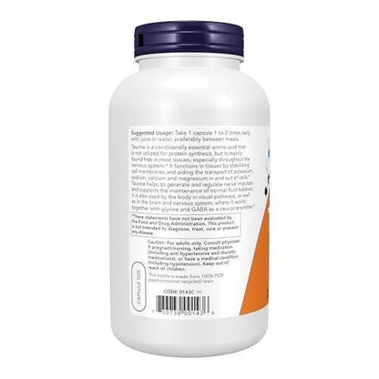 NOW Foods Supplements, Taurine 1,000 mg, Double Strength, Nervous System Health*, 250 Veg Capsules