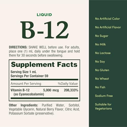 Nature’s Bounty Vitamin B12 5000 mcg Sublingual Liquid, Cardiovascular Health & Cellular Energy Support, 2 Fl Oz (1 Count) - görsel 5