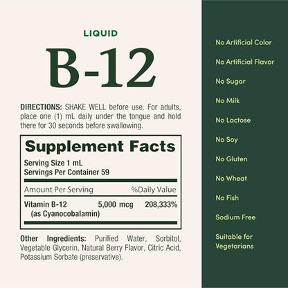 Nature’s Bounty Vitamin B12 5000 mcg Sublingual Liquid, Cardiovascular Health & Cellular Energy Support, 2 Fl Oz (1 Count)