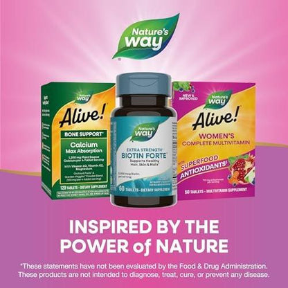 Nature's Way Extra Strength Biotin Forte, Supports Healthy Hair, Skin & Nails*, 5,000 mcg per Serving, High Potency B-Vitamins, Vitamin C, 60 Vegan Tablets (Packaging May Vary)