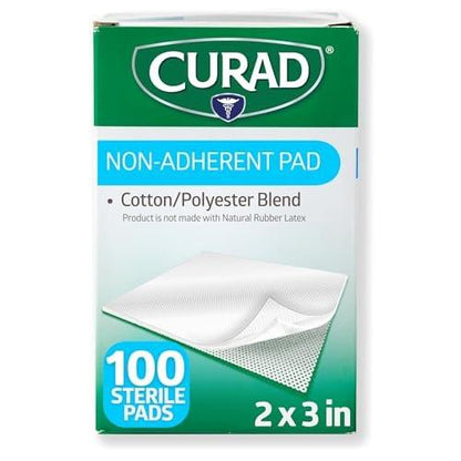 Curad Sterile Nonadherent Pad, Soft, Perforated, Absorbent, Cotton/Polyester, 2" x 3", Sterile, 100 pads