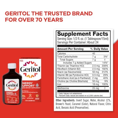 Geritol Liquid Vitamin and Iron Supplement, Energy Support Vitamins, Contains High Potency B-Vitamins and Iron, Easy to Swallow, No Artificial Sweeteners, Non-GMO, 12 Oz (Pack of 2) - görsel 5