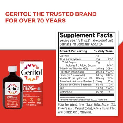 Geritol Liquid Vitamin and Iron Supplement, Energy Support Vitamins, Contains High Potency B-Vitamins and Iron, Easy to Swallow, No Artificial Sweeteners, Non-GMO, 12 Oz (Pack of 2)
