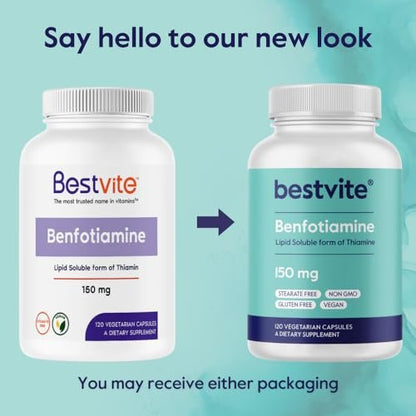 BESTVITE Benfotiamine 150mg (120 Vegetarian Capsules) No Stearates - No Silicon Dioxide - Vegan - Non GMO - Gluten Free