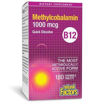 Natural Factors Methylcobalamin 1,000 mcg - Vitamin B12 Supplement in Metabolically Active Form - Supports Cell Formation & Energy Production - 180 Chewable Tablets (180 Servings)