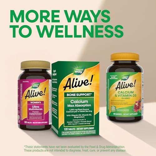 Nature’s Way Alive! Calcium Bone Support Tablets*, Max Absorption Calcium Supplement with Vitamins D3, K2, & Magnesium, Promotes Bone Health and Bone Density*, Gluten Free, 60 Tablets - görsel 1