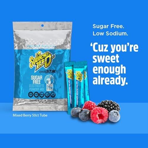 Sqwincher Zero Qwik Stik, Mixed Berry, Sugar Free, Low Calorie, Low Sodium Electrolyte Powder Hydration Drink Mix, .11 oz Packet (Pack of 50) - görsel 1