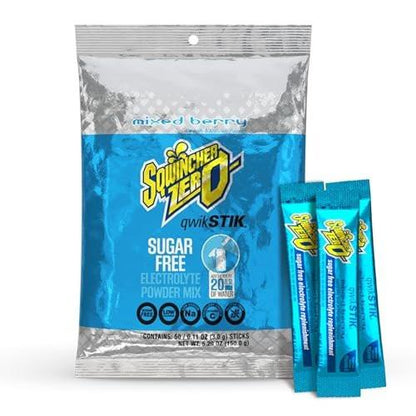 Sqwincher Zero Qwik Stik, Mixed Berry, Sugar Free, Low Calorie, Low Sodium Electrolyte Powder Hydration Drink Mix, .11 oz Packet (Pack of 50)