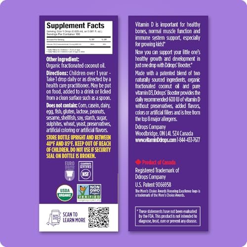 Ddrops Kids Booster 600IU 100 Drops - Daily Liquid Vitamin D for Kids. Support Strong Bones & Immune System in Children. No Preservatives, No Sugar, Non-GMO, Allergy-Friendly - görsel 6