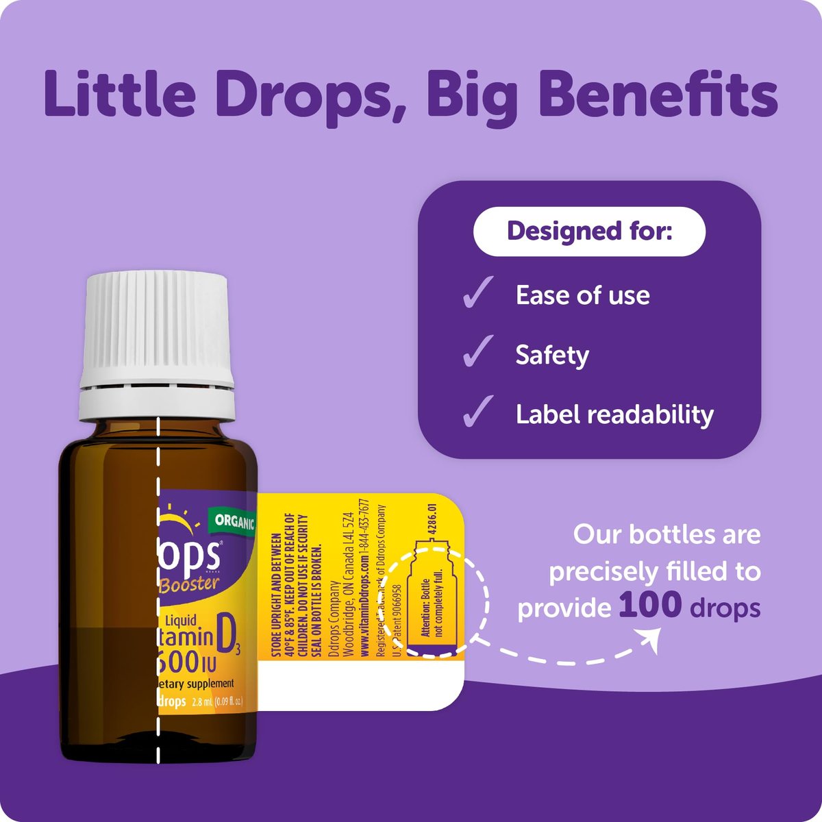 Ddrops Kids Booster 600IU 100 Drops - Daily Liquid Vitamin D for Kids. Support Strong Bones & Immune System in Children. No Preservatives, No Sugar, Non-GMO, Allergy-Friendly - görsel 3