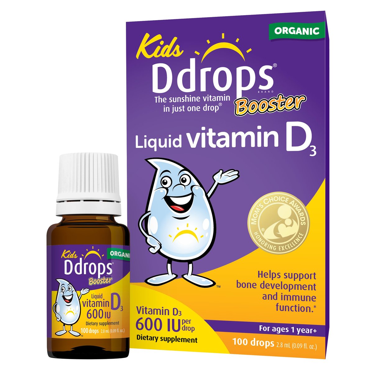 Ddrops Kids Booster 600IU 100 Drops - Daily Liquid Vitamin D for Kids. Support Strong Bones & Immune System in Children. No Preservatives, No Sugar, Non-GMO, Allergy-Friendly - görsel 1