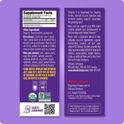 Ddrops Kids Booster 600IU 100 Drops - Daily Liquid Vitamin D for Kids. Support Strong Bones & Immune System in Children. No Preservatives, No Sugar, Non-GMO, Allergy-Friendly