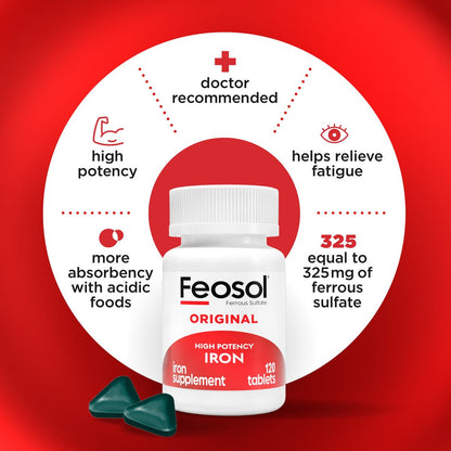 Feosol Original Iron Supplement Tablets, Non-heme, 65mg Iron per Pill, 1 Per Day, 120ct, 4 Month Supply, for Energy and Immune System Support, Made in USA