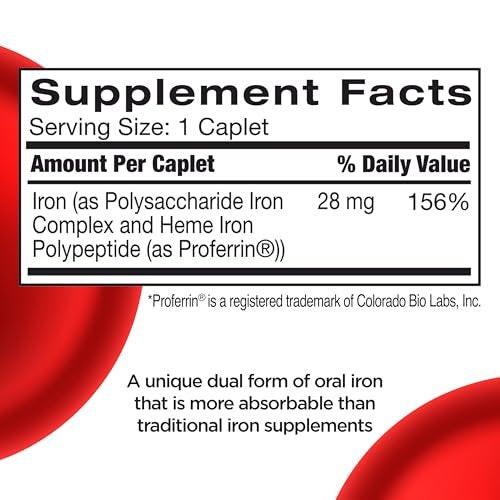 Feosol Complete Iron Supplement Caplets, Bifera Iron for High Absorption, Heme and Non-Heme Dual Action Minimizes Side Effects, 1 Per Day, for Energy and Immune System Support, Made in USA, 30 Count - görsel 9
