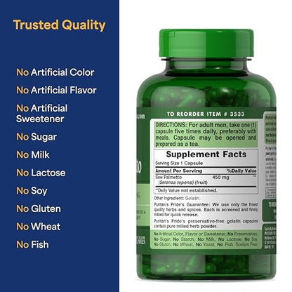 Puritan's Pride Flow Guard™ Saw Palmetto Extract 450mg, Natural Whole Herb Traditional Herbal Dietary Supplement for Men's Prostate and Urinary Health Support, 200 Rapid Release Capsules