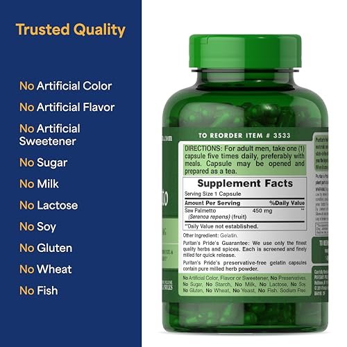 Puritan's Pride Flow Guard™ Saw Palmetto Extract 450mg, Natural Whole Herb Traditional Herbal Dietary Supplement for Men's Prostate and Urinary Health Support, 200 Rapid Release Capsules - görsel 11