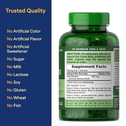 Puritan's Pride Flow Guard™ Saw Palmetto Extract 450mg, Natural Whole Herb Traditional Herbal Dietary Supplement for Men's Prostate and Urinary Health Support, 200 Rapid Release Capsules