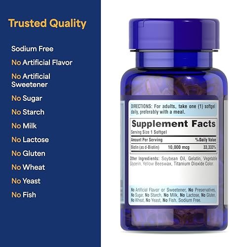 Puritan's Pride Premium Ultra Mega Biotin 10,000mcg, Dietary Supplement for Healthy Hair, Skin, Nails, and Energy Metabolism Support, 100 Day Supply, 100 Rapid Release Softgels - görsel 3