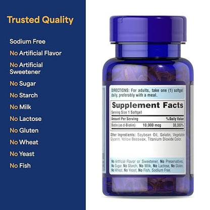 Puritan's Pride Premium Ultra Mega Biotin 10,000mcg, Dietary Supplement for Healthy Hair, Skin, Nails, and Energy Metabolism Support, 100 Day Supply, 100 Rapid Release Softgels