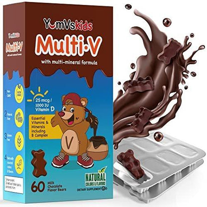 YUM-V'S Kids Multivitamin Chocolate Bears for Immune & Bone Support – 16 Kids Vitamins & Minerals with A, B Complex, Magnesium & Zinc – Daily Toddler Vitamins in Milk Chocolate – 60 Count, Pack of 1