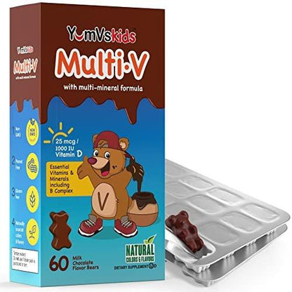 YUM-V'S Kids Multivitamin Chocolate Bears for Immune & Bone Support – 16 Kids Vitamins & Minerals with A, B Complex, Magnesium & Zinc – Daily Toddler Vitamins in Milk Chocolate – 60 Count, Pack of 1