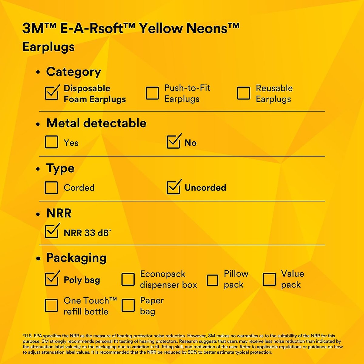 3M E-A-Rsoft Yellow Neons 315-1250 Disposable Earplugs, 200 Pair, Regular Size, Uncorded, 33 NRR, Tapered Cylinder Shape, Slow Recovery Foam - görsel 6