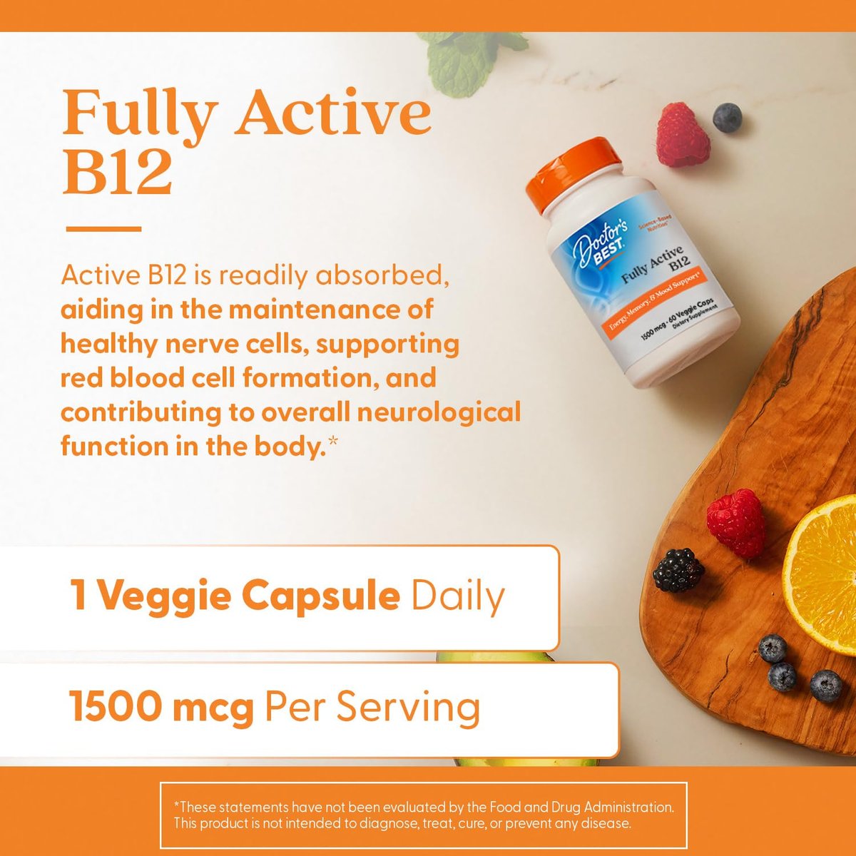 Doctor's Best Fully Active B12 1500 mcg, Non-GMO, Vegan, Gluten Free, Supports Healthy Memory, Mood and Circulation, 60 Count - görsel 7