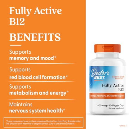 Doctor's Best Fully Active B12 1500 mcg, Non-GMO, Vegan, Gluten Free, Supports Healthy Memory, Mood and Circulation, 60 Count