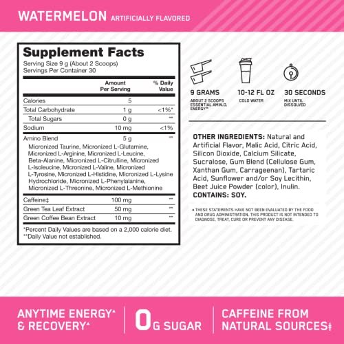 Optimum Nutrition Amino Energy – Pre-Workout mit grünem Tee, BCAA, Aminosäuren, keto-freundlich, grüner Kaffee-Extrakt, Energiepulver – Wassermelone, 30 Portionen (Verpackung kann variieren) - görsel 6