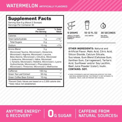 Optimum Nutrition Amino Energy – Pre-Workout mit grünem Tee, BCAA, Aminosäuren, keto-freundlich, grüner Kaffee-Extrakt, Energiepulver – Wassermelone, 30 Portionen (Verpackung kann variieren)