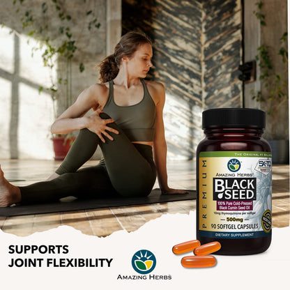 Amazing Herbs Premium Black Seed Oil Capsules - Gluten Free, Non GMO, Cold Pressed Nigella Sativa Aids in Digestive Health, Immune Support- 90 Count