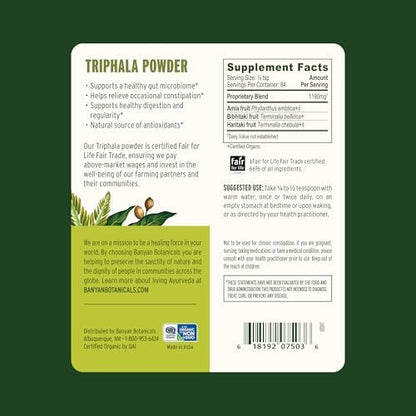 Banyan Botanicals Organic Triphala Powder – Daily Digestive Support & Gentle Colon Cleanse – Pure Amla, Haritaki & Bibhitaki for Gut Microbiome Health & Regularity – 1 lb – USDA Organic