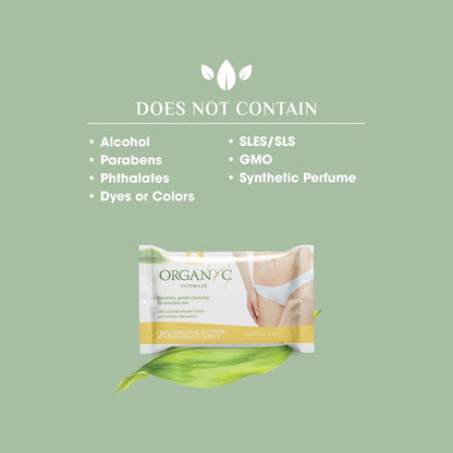 Organyc - Made with Organic Cotton Intimate Wet Wipes For Sensitive Skin, pH Balanced, No Parabens, Alcohol, or Chlorine, 20 Count (Pack of 1)