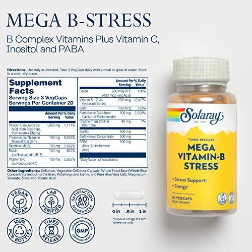SOLARAY Mega Vitamin B-Stress, Timed-Release Vitamin B Complex with 1000 mg of Vitamin C for Stress, Energy, Red Blood Cell & Immune Support, 60 Day Guarantee, Vegan, 20 Servings, 60 VegCaps - görsel 5