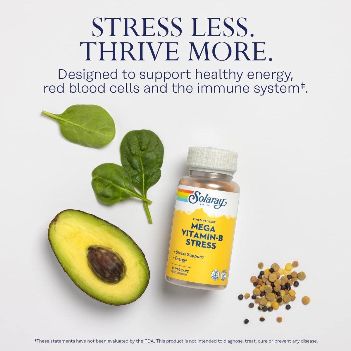 SOLARAY Mega Vitamin B-Stress, Timed-Release Vitamin B Complex with 1000 mg of Vitamin C for Stress, Energy, Red Blood Cell & Immune Support, 60 Day Guarantee, Vegan, 20 Servings, 60 VegCaps - görsel 8