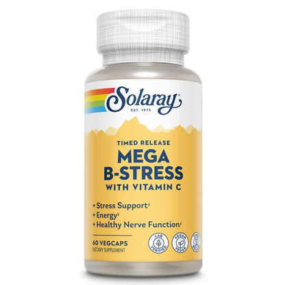 SOLARAY Mega Vitamin B-Stress, Timed-Release Vitamin B Complex with 1000 mg of Vitamin C for Stress, Energy, Red Blood Cell & Immune Support, 60 Day Guarantee, Vegan, 20 Servings, 60 VegCaps
