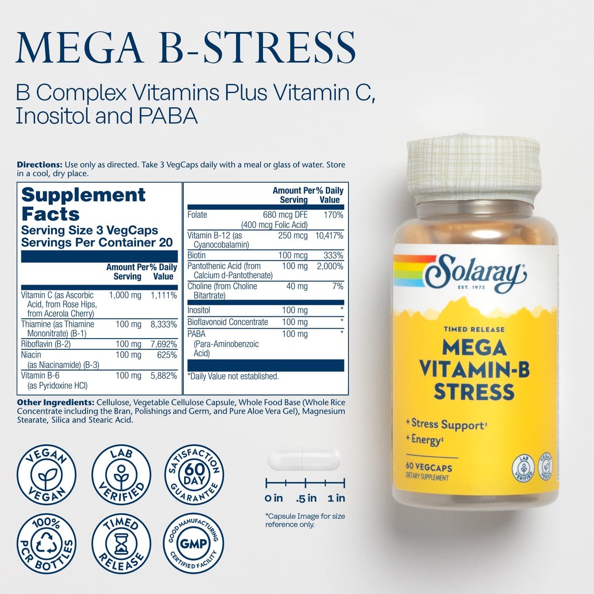 SOLARAY Mega Vitamin B-Stress, Timed-Release Vitamin B Complex with 1000 mg of Vitamin C for Stress, Energy, Red Blood Cell & Immune Support, 60 Day Guarantee, Vegan, 20 Servings, 60 VegCaps - görsel 6