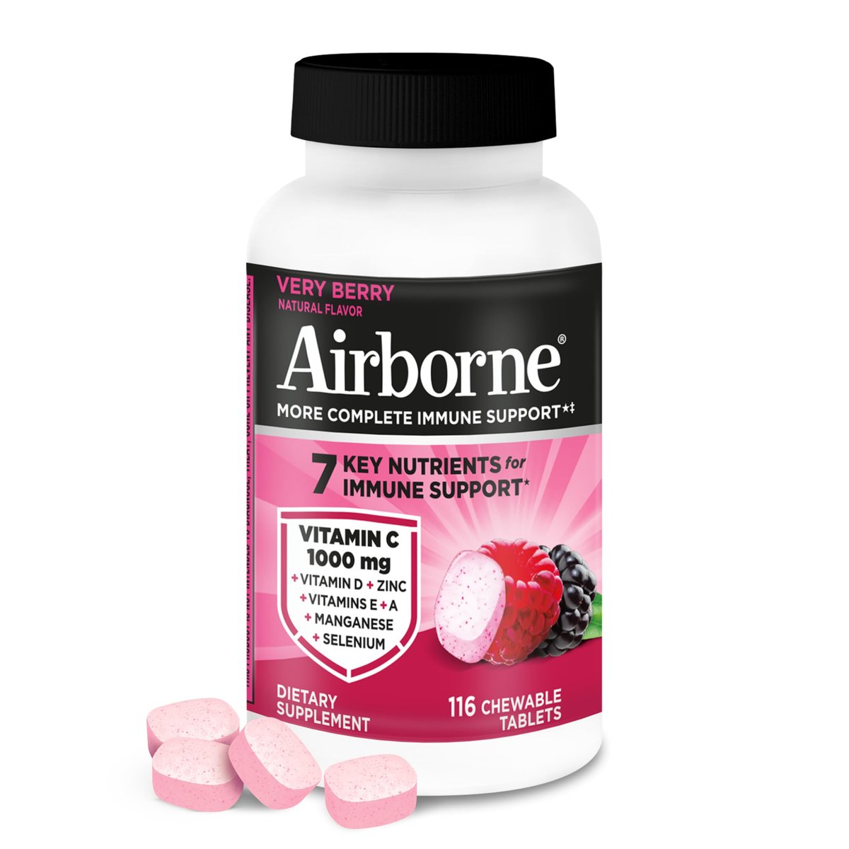 Airborne Very Berry Chewable Tablets, 116ct | Immune Support Supplement with 1000mg Vitamin C + Vitamins A, D, E, Zinc, Selenium, & Manganese | Herbal Blend | Gluten Free - görsel 9