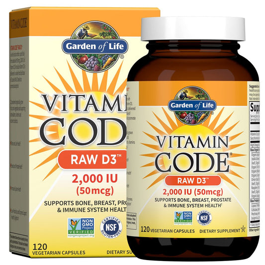 Garden of Life Vitamin Code Raw D3 2,000 IU - 120 Vegetarian Capsules, Whole Food Vitamin D Supplement with Chlorella, Fruits, Veggies & Probiotics for Bone and Immune Health