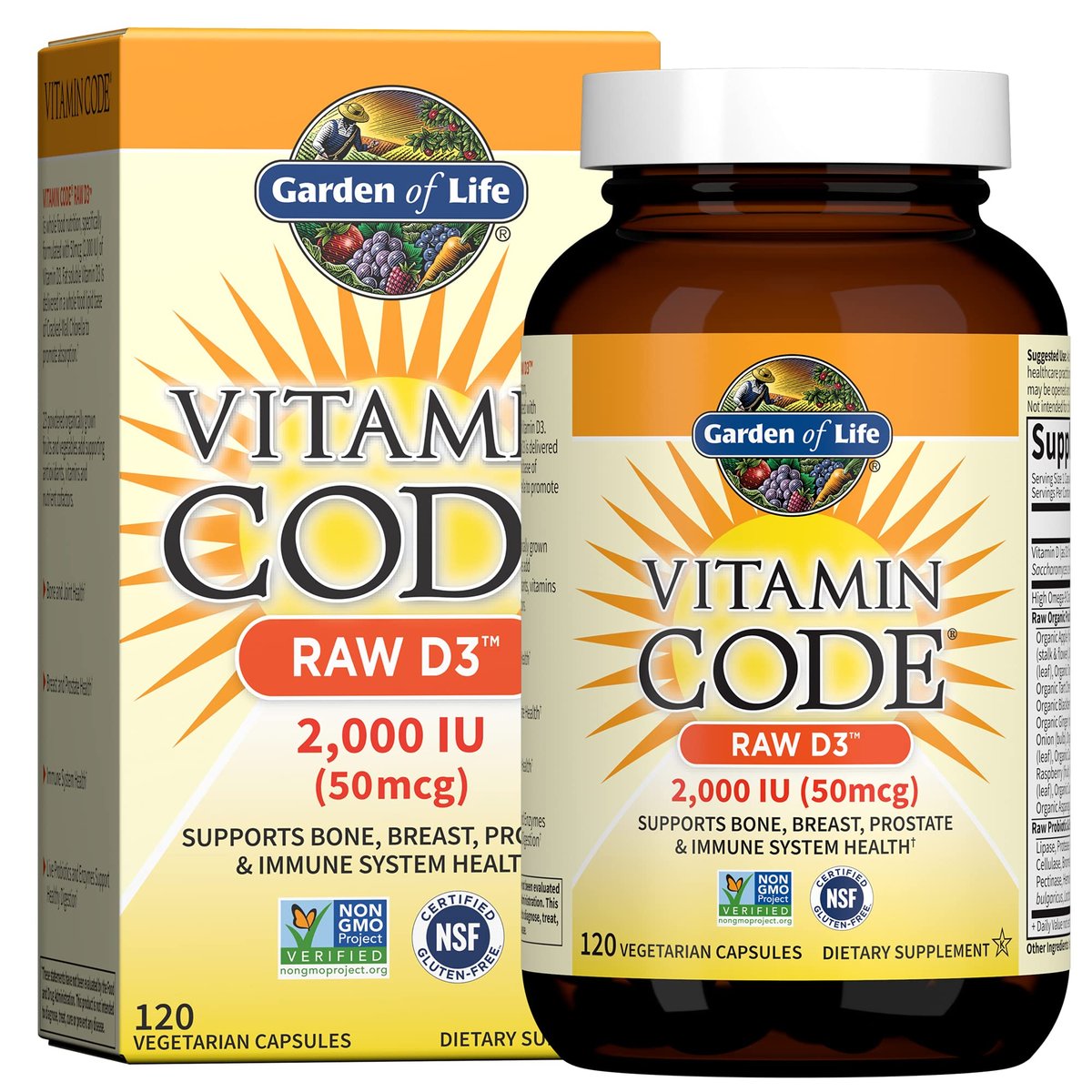 Garden of Life Vitamin Code Raw D3 2,000 IU - 120 Vegetarian Capsules, Whole Food Vitamin D Supplement with Chlorella, Fruits, Veggies & Probiotics for Bone and Immune Health - görsel 9