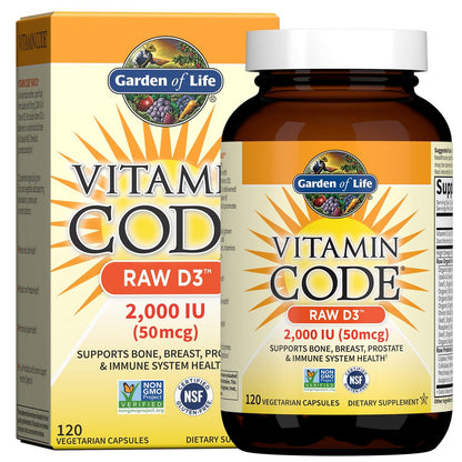 Garden of Life Vitamin Code Raw D3 2,000 IU - 120 Vegetarian Capsules, Whole Food Vitamin D Supplement with Chlorella, Fruits, Veggies & Probiotics for Bone and Immune Health